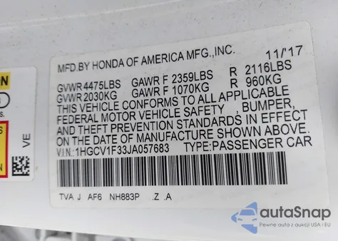 2018 Honda Accord Sport z USA, uszkodzony, nr VIN 1HGCV1F33JA057683